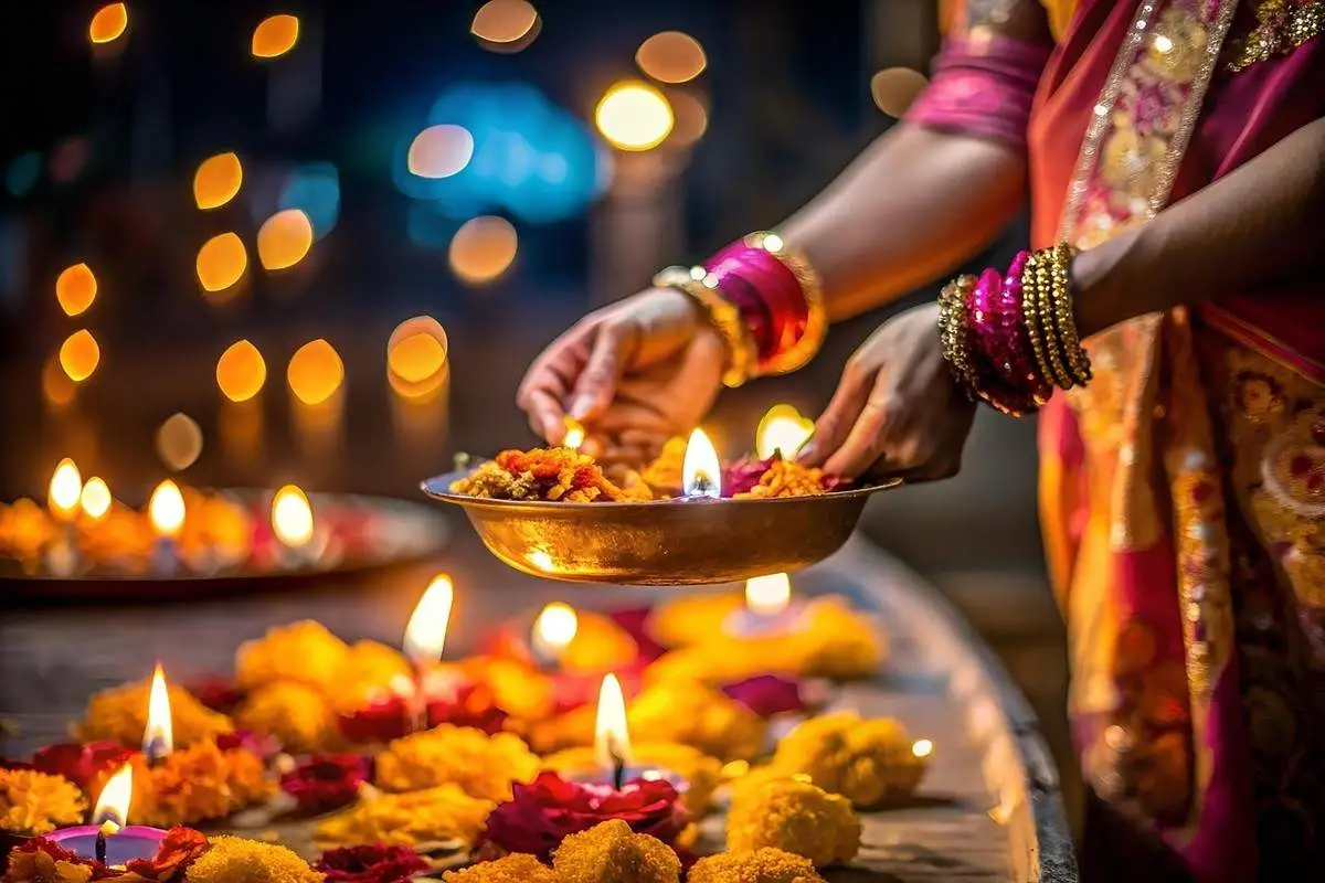 Kannadiga woman meditating near a tulsi plant with a glowing brass lamp, set against a traditional Karnataka courtyard at sunrise.