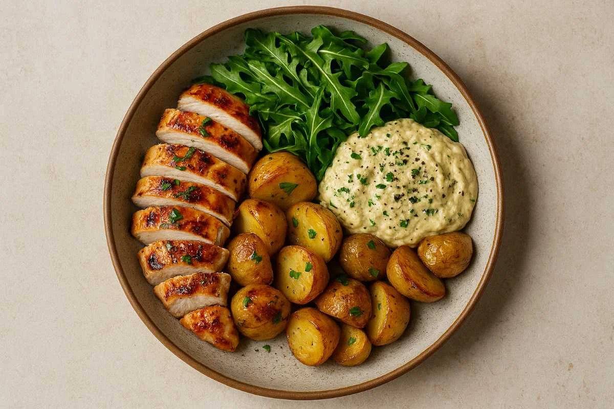 Healthy Grilled Chicken Bowl Recipe with chicken, potatoes, hummus and greens