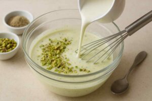 Mixing cream and chopped pistachios into the milk mixture for homemade pista ice cream