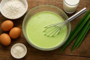 realistic overhead photograph of pandan crepe batter being prepared in a large glass mixing bowl.