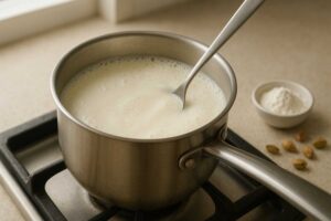 Milk gently boiling in a stainless steel saucepan on a stove, with cornflour in a small bowl and scattered pistachios on a clean kitchen counter, under soft natural light.