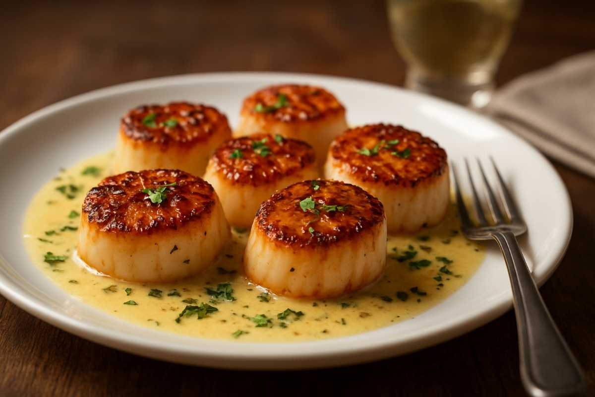creamy garlic butter scallops served on a white plate with parsley garnish, captured in natural light for a restaurant style look.
