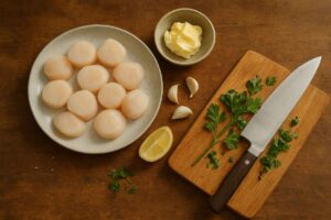 scallop preparation on a rustic wooden kitchen counter with raw scallops, butter, garlic, lemon, and fresh parsley.